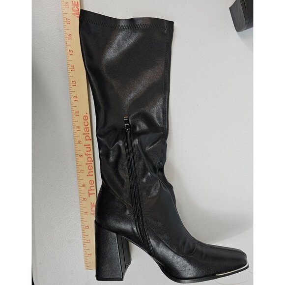 Pretty Little Things Black Leather Women's 7 Square Toe Calf Heeled Sock Boots - Picture 10 of 16